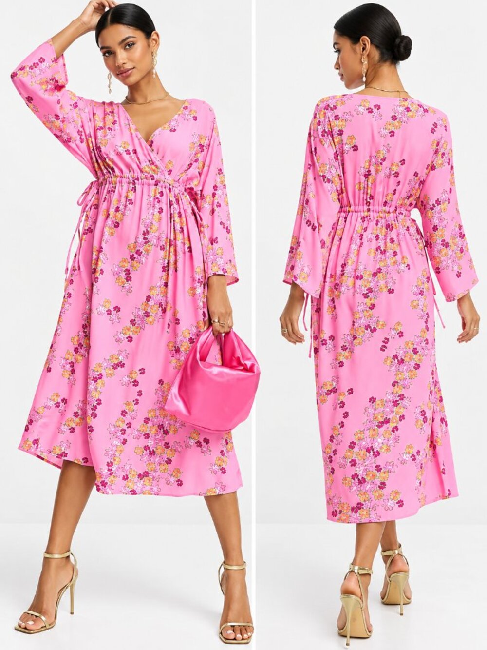 Y.A.S Pink Floral Ruched Side Midi Dress Wedding Guest Size S NWT